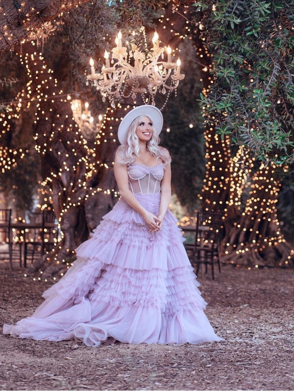 Andre and Leo Lavender Ruffled Tulle Gown with Corset Bodice